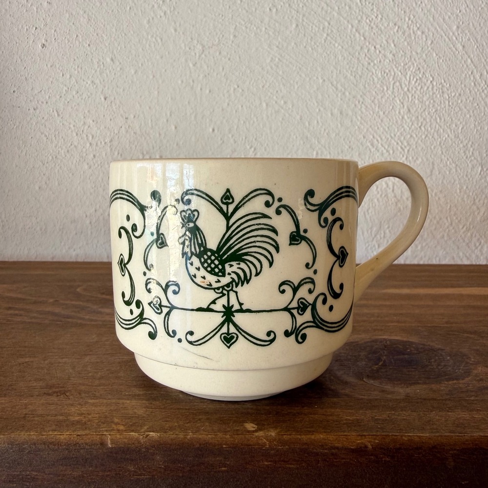 Vintage Scio Pottery Provincial Green Rooster Weathervane Stackable Mug USA